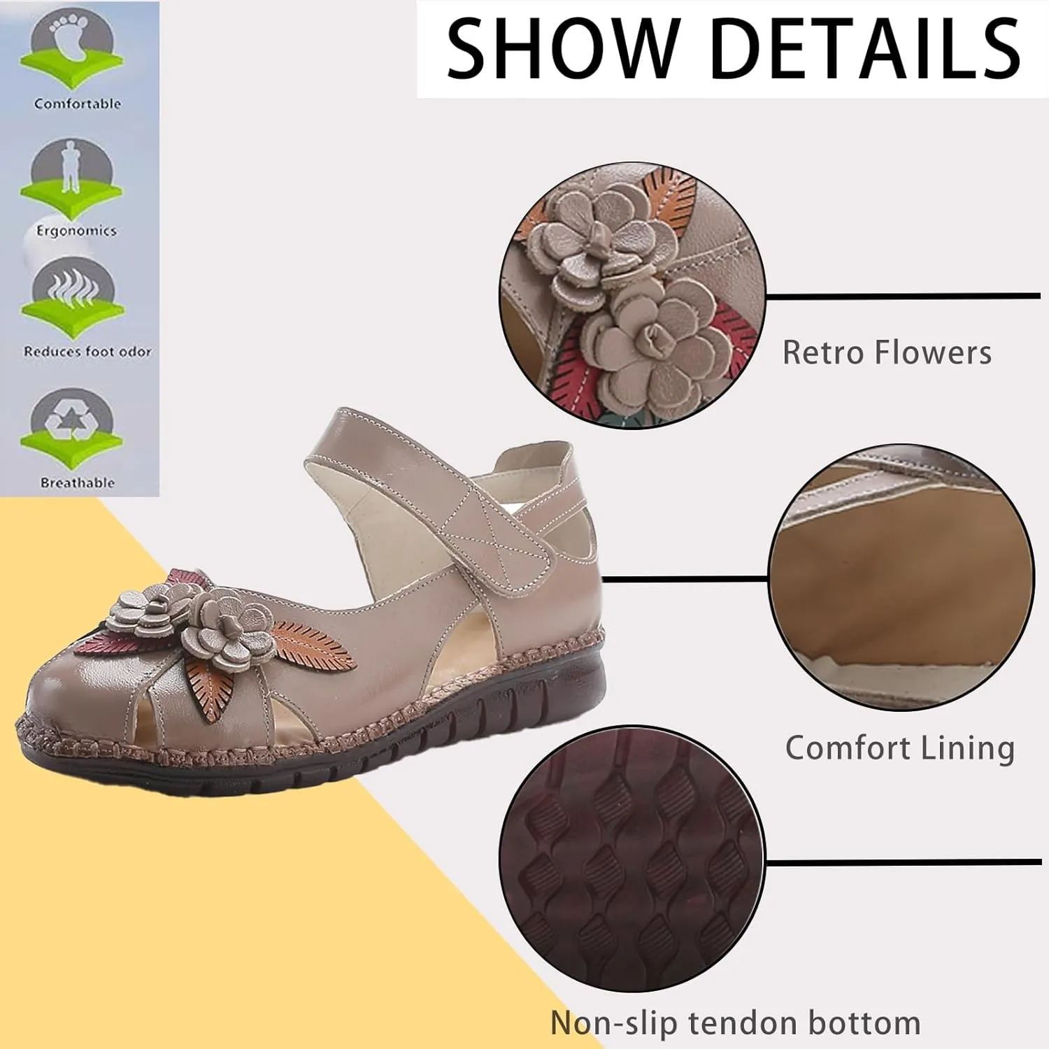 Women's Retro Genuine Leather Flowers Closed Toe Hollow Flat Sandals Comfy Breathe Anti-Slip Softsole Adjustable Ankle Strap Summer Mary Jane Shoes