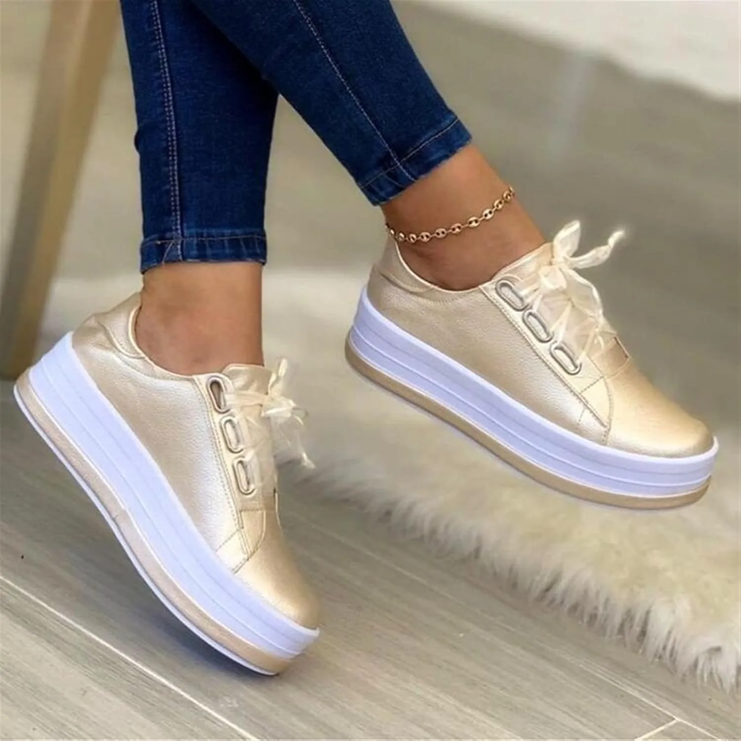 Women's Round Toe Wedges Sneakers Fashion Classic Low Cut Lace Up Platform Walking Dress Shoes Summer Lightweight Breathable Orthotic Flat Loafers Sporty