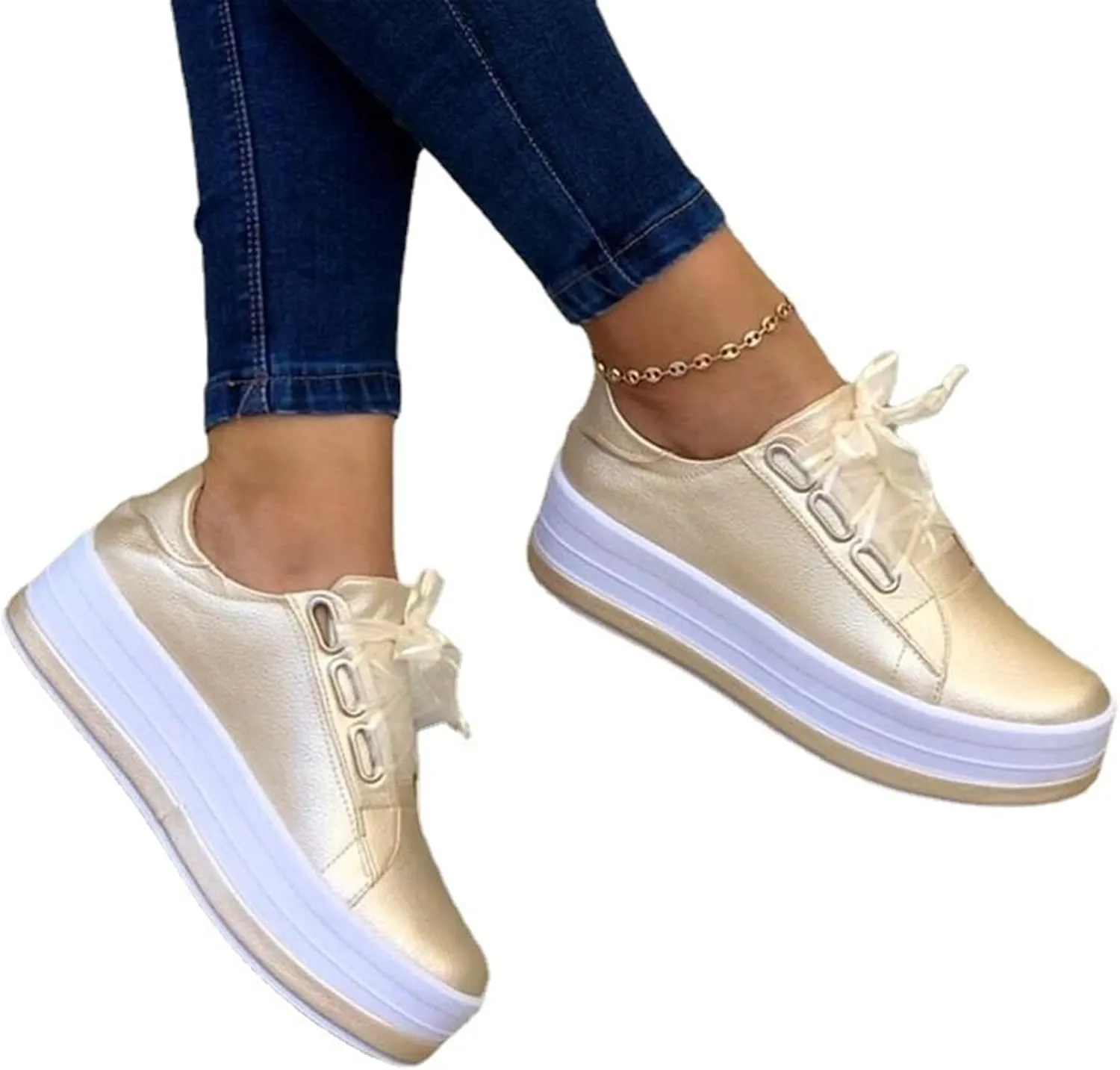 Women's Round Toe Wedges Sneakers Fashion Classic Low Cut Lace Up Platform Walking Dress Shoes Summer Lightweight Breathable Orthotic Flat Loafers Sporty
