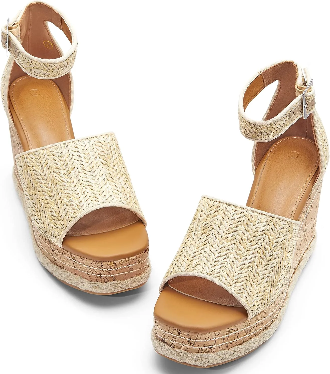 Women's Wedge Platform Espadrille Sandals Braided Open Square Toe Ankle Buckle Strappy Cork Sole Summer Shoes