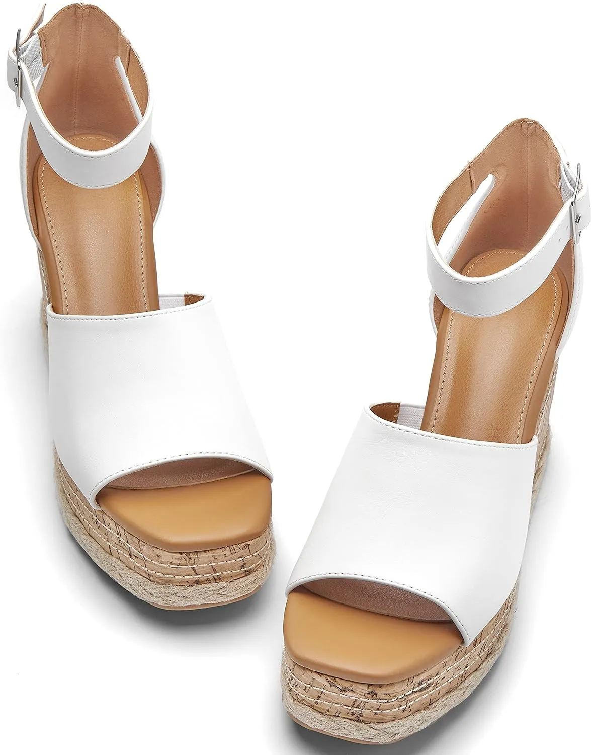 Women's Wedge Platform Espadrille Sandals Braided Open Square Toe Ankle Buckle Strappy Cork Sole Summer Shoes