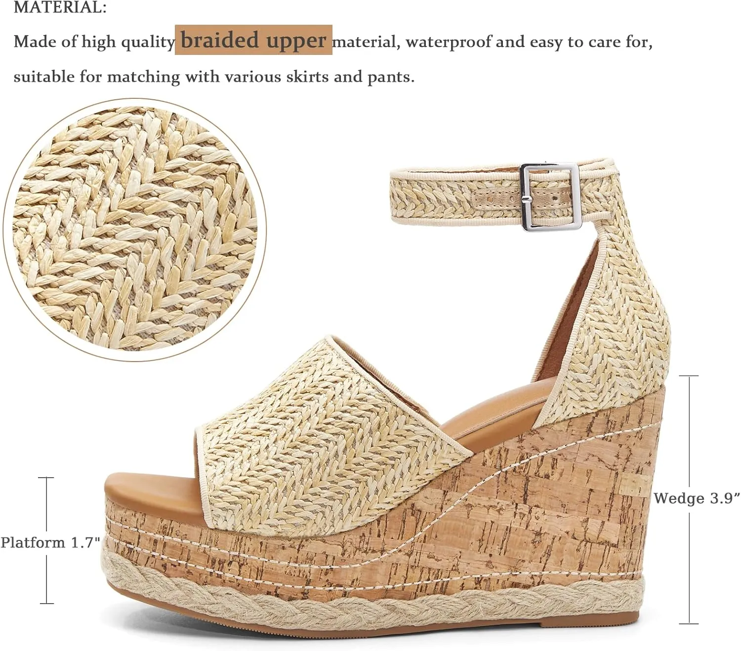 Women's Wedge Platform Espadrille Sandals Braided Open Square Toe Ankle Buckle Strappy Cork Sole Summer Shoes