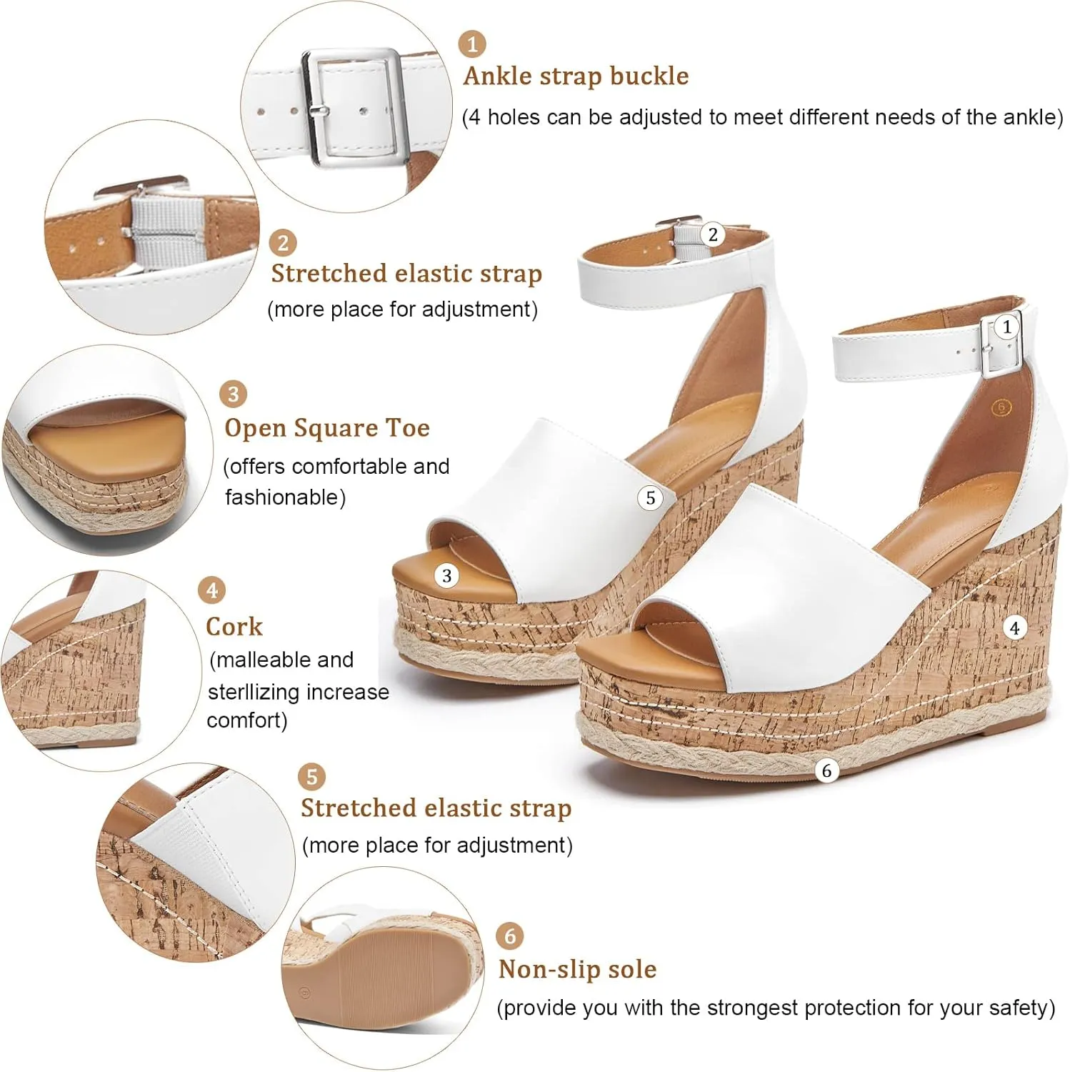 Women's Wedge Platform Espadrille Sandals Braided Open Square Toe Ankle Buckle Strappy Cork Sole Summer Shoes