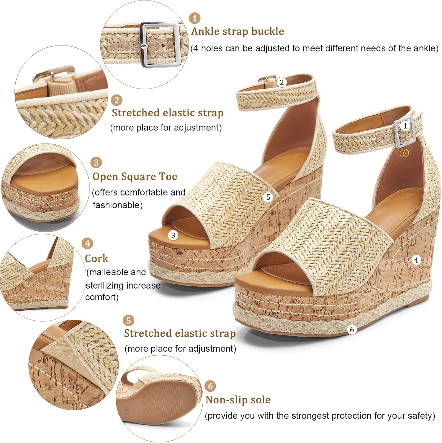 Women's Wedge Platform Espadrille Sandals Braided Open Square Toe Ankle Buckle Strappy Cork Sole Summer Shoes