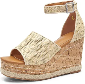 Women's Wedge Platform Espadrille Sandals Braided Open Square Toe Ankle Buckle Strappy Cork Sole Summer Shoes