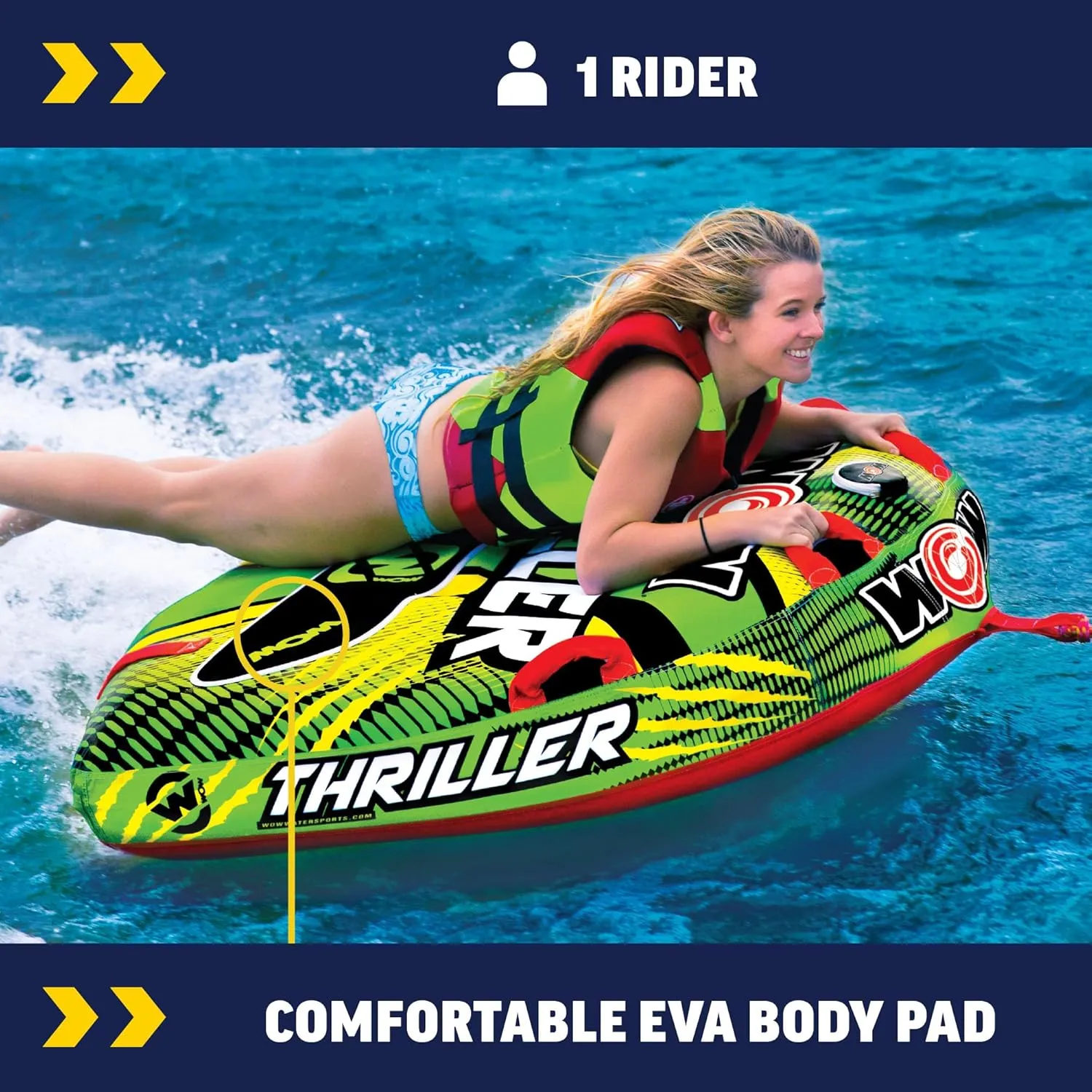 WOW Sports Thriller Towable Deck Tube for Boating Adults, Tubing Boat Inflatable for Water Sports