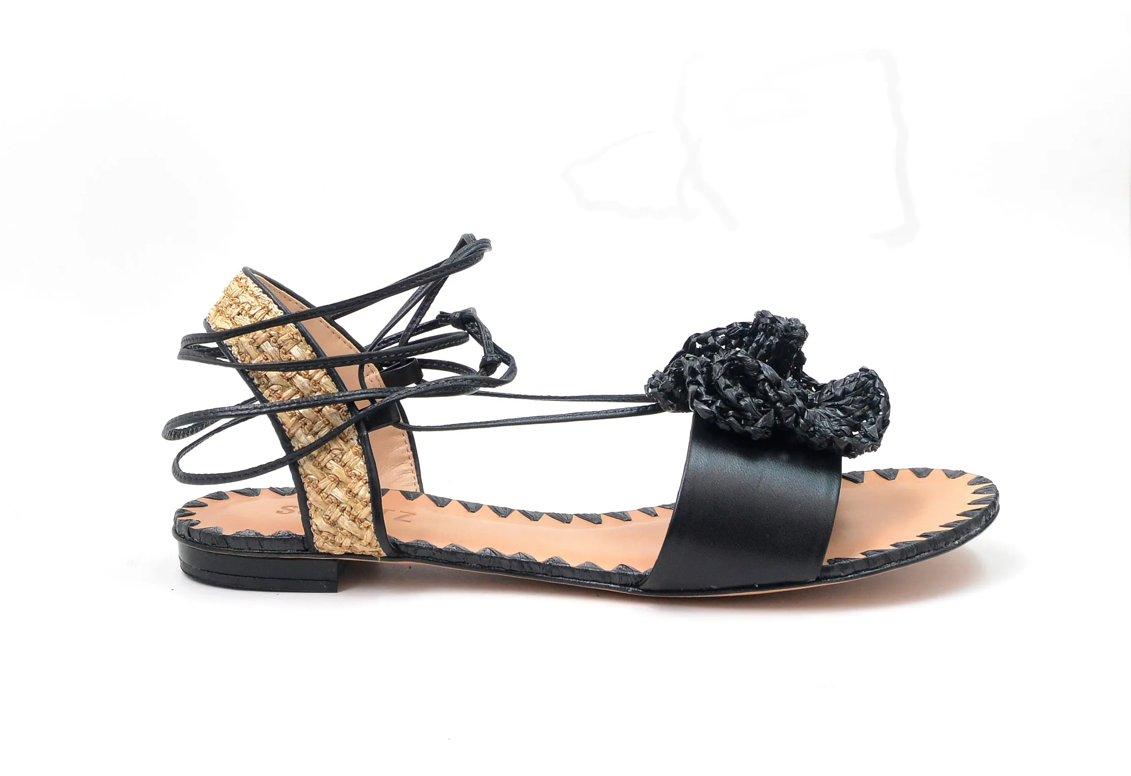 Wrap Insole Global selection Flats Kenzie Flowered Womens Sandal Schutz Toe Open Black Around Tie Rave reviews