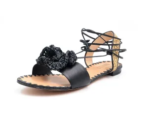 Wrap Insole Global selection Flats Kenzie Flowered Womens Sandal Schutz Toe Open Black Around Tie Rave reviews