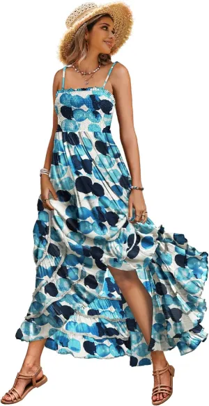 YESNO Women's Summer Boho Maxi Dresses Square Neck Spaghetti Straps Smocked Casual Beach Sundresses with Pockets ES2