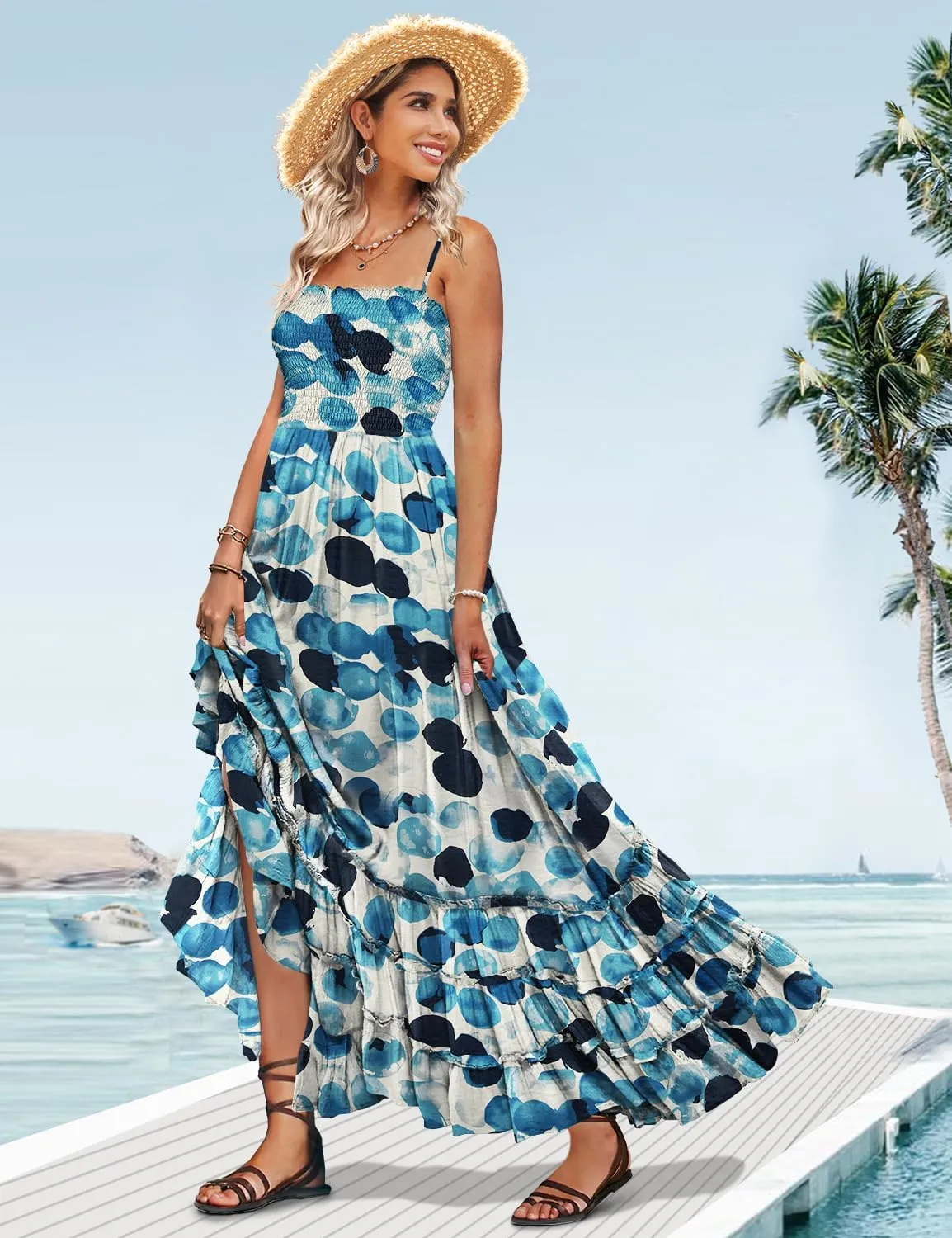 YESNO Women's Summer Boho Maxi Dresses Square Neck Spaghetti Straps Smocked Casual Beach Sundresses with Pockets ES2
