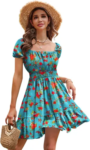 YESNO Women's Summer Short Puff Sleeve Dresses Boho Floral Casual Square Neck A Line Mini Sundresses with Pockets EM0