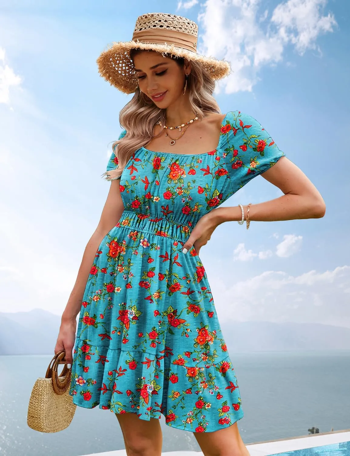 YESNO Women's Summer Short Puff Sleeve Dresses Boho Floral Casual Square Neck A Line Mini Sundresses with Pockets EM0