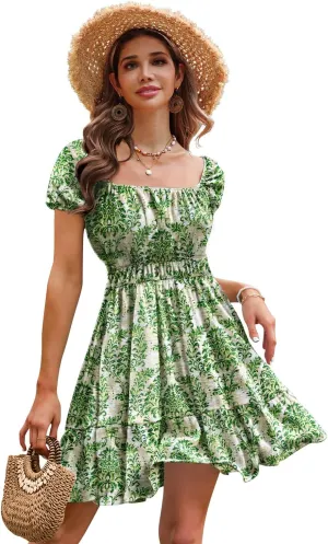 YESNO Women's Summer Short Puff Sleeve Dresses Boho Floral Casual Square Neck A Line Mini Sundresses with Pockets EM0