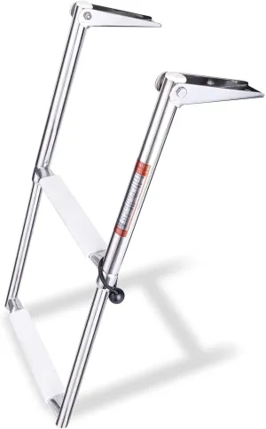 Young Marine 2 Steps Stainless Steel Drop Down Telescopic and Folding Boat Ladder with White Plastic Footboard,Over Platform Mounting