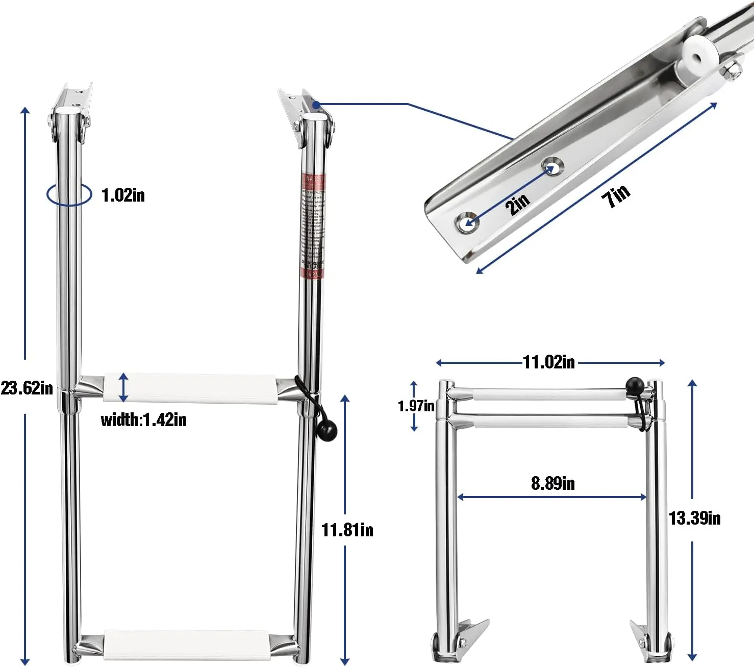 Young Marine 2 Steps Stainless Steel Drop Down Telescopic and Folding Boat Ladder with White Plastic Footboard,Over Platform Mounting
