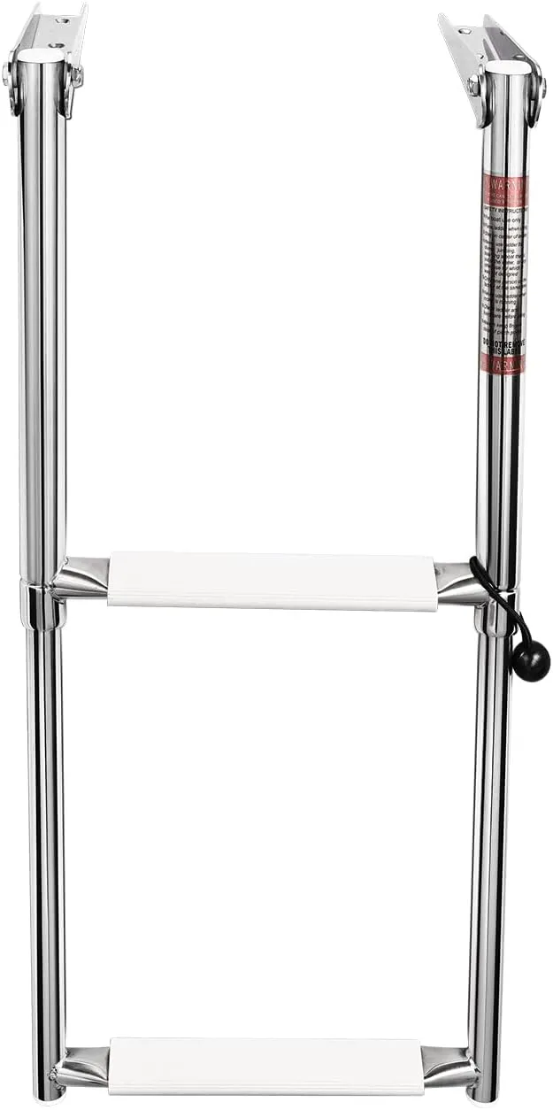 Young Marine 2 Steps Stainless Steel Drop Down Telescopic and Folding Boat Ladder with White Plastic Footboard,Over Platform Mounting