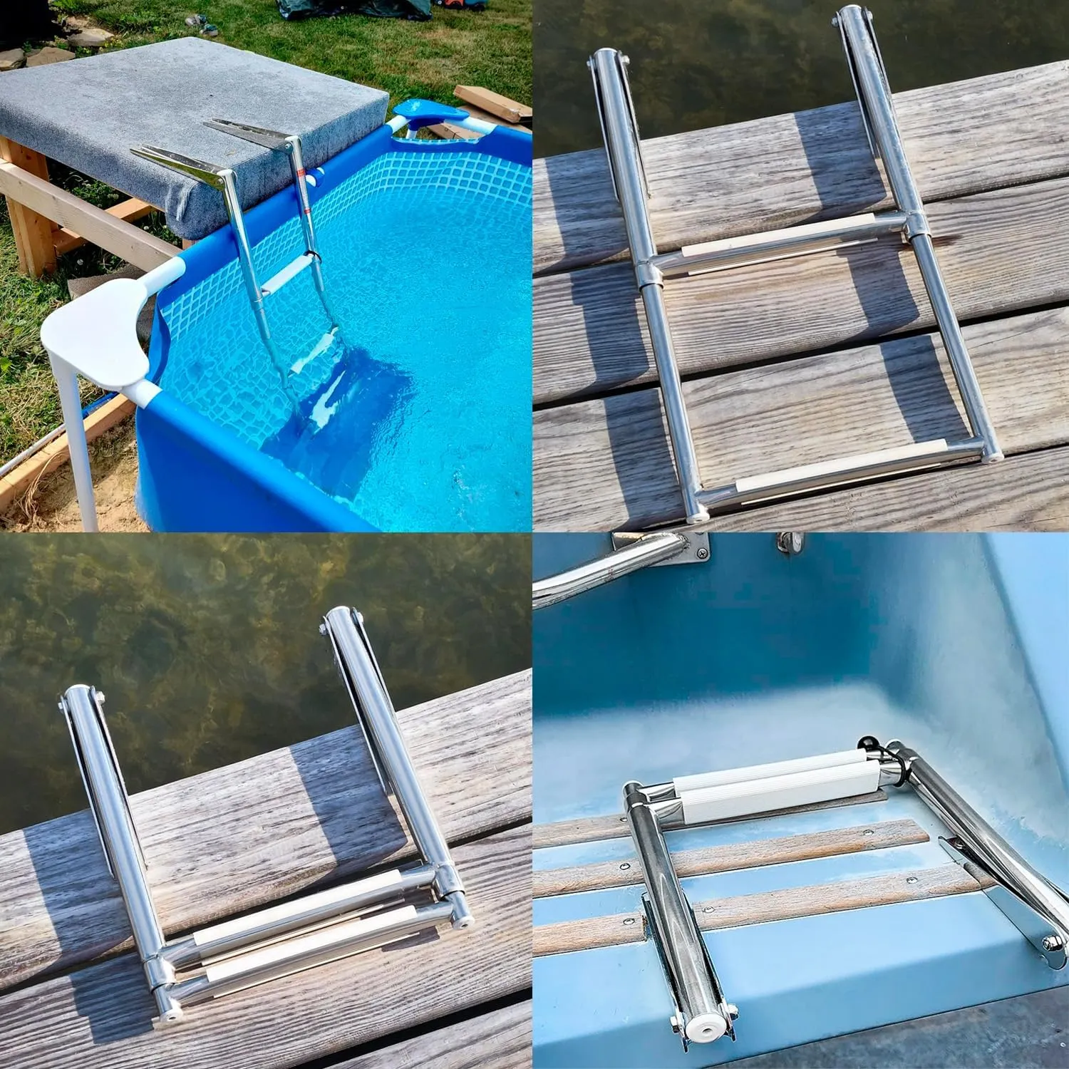 YOUNG MARINE 4 Steps Stainless Steel Drop Down Telescopic and Folding Boat Ladder with White Plastic Footboard,Over Platform Mounting