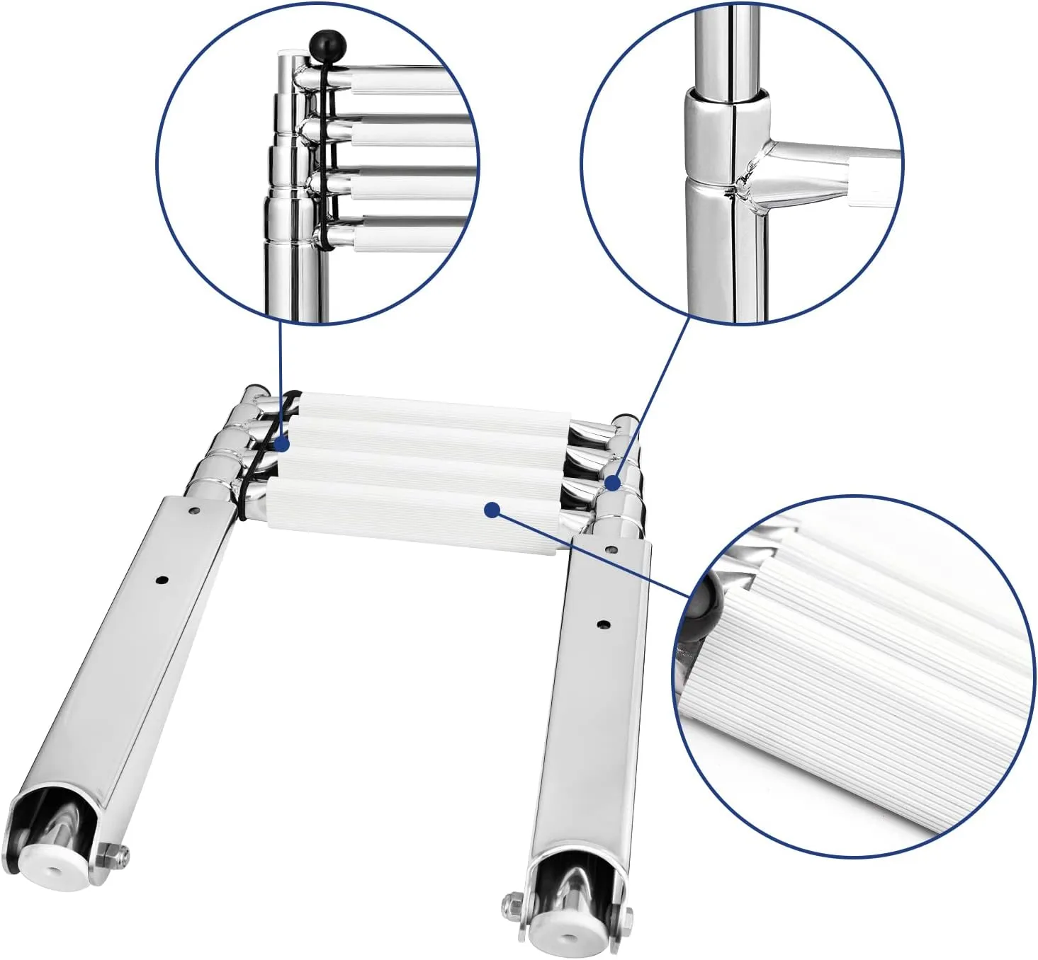 YOUNG MARINE 4 Steps Stainless Steel Drop Down Telescopic and Folding Boat Ladder with White Plastic Footboard,Over Platform Mounting