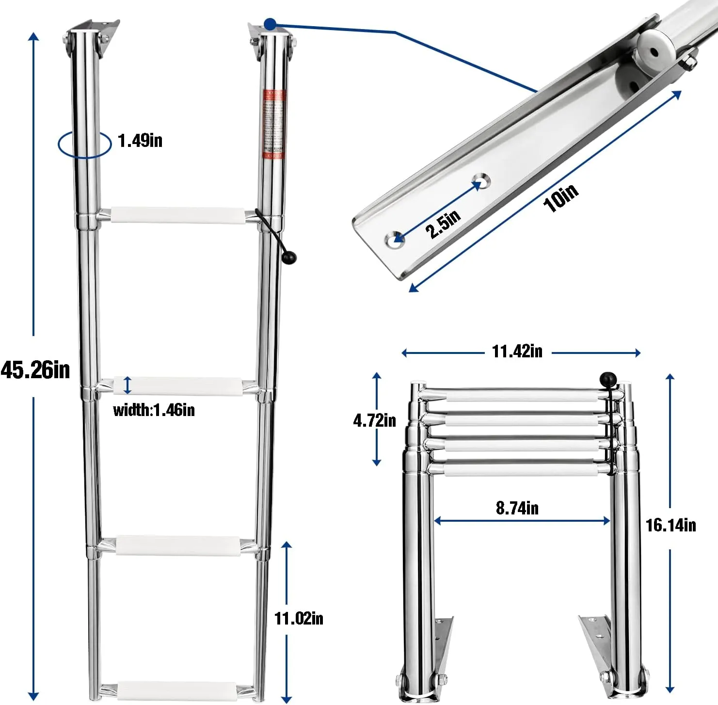 YOUNG MARINE 4 Steps Stainless Steel Drop Down Telescopic and Folding Boat Ladder with White Plastic Footboard,Over Platform Mounting