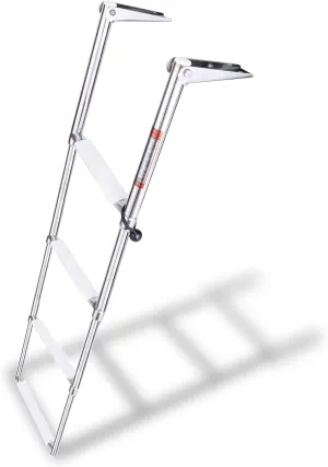 YOUNG MARINE 4 Steps Stainless Steel Drop Down Telescopic and Folding Boat Ladder with White Plastic Footboard,Over Platform Mounting