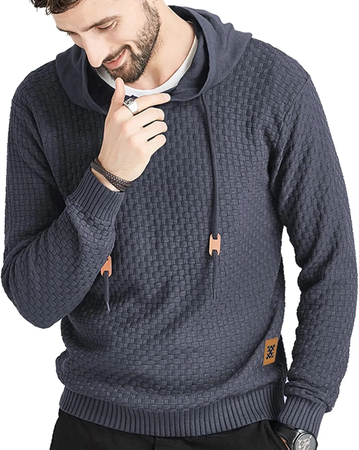 Zaitun Mens Hooded Sweatshirt Long Sleeve Solid Knitted Hoodie Pullover Sweater