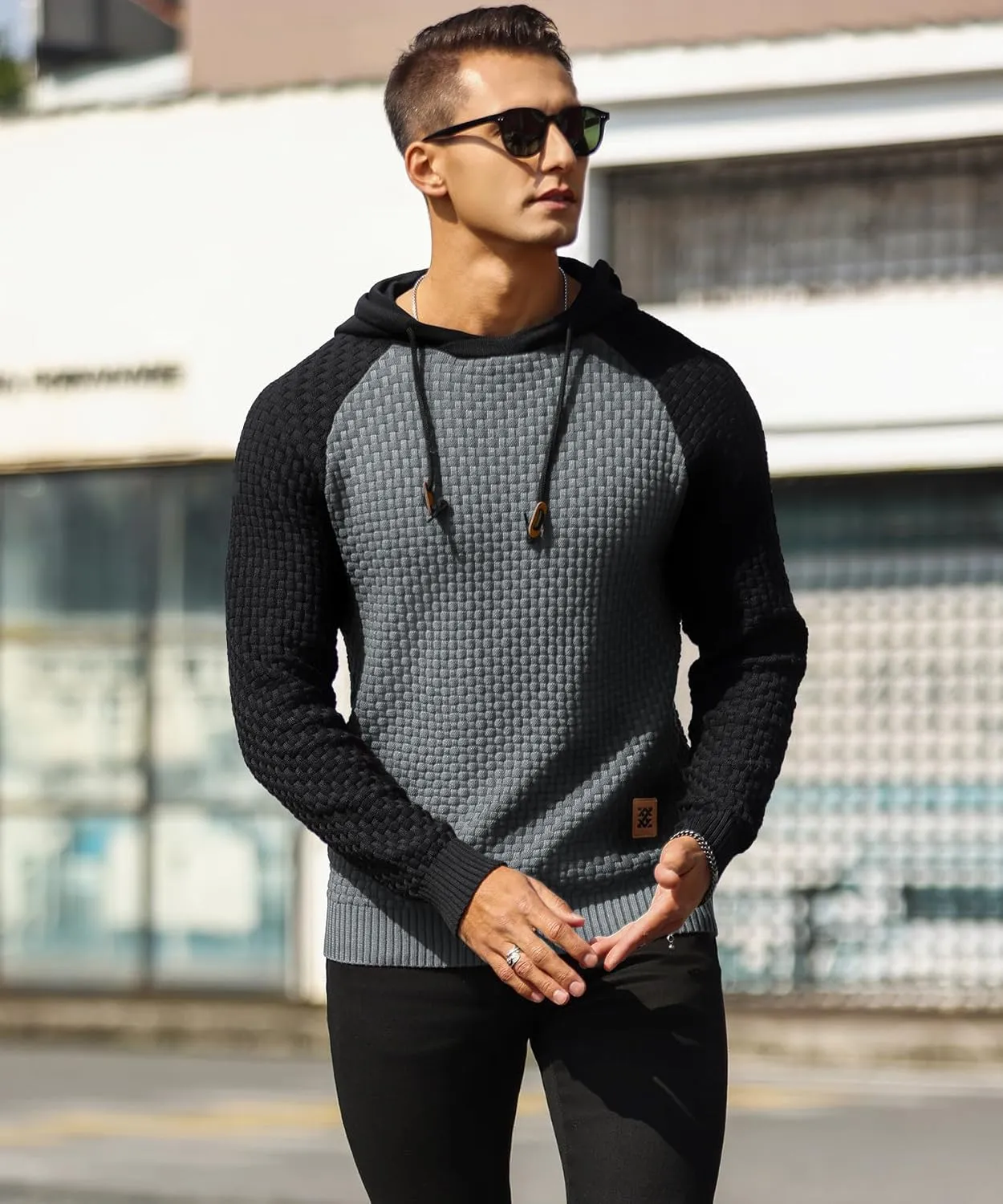Zaitun Mens Hooded Sweatshirt Long Sleeve Solid Knitted Hoodie Pullover Sweater