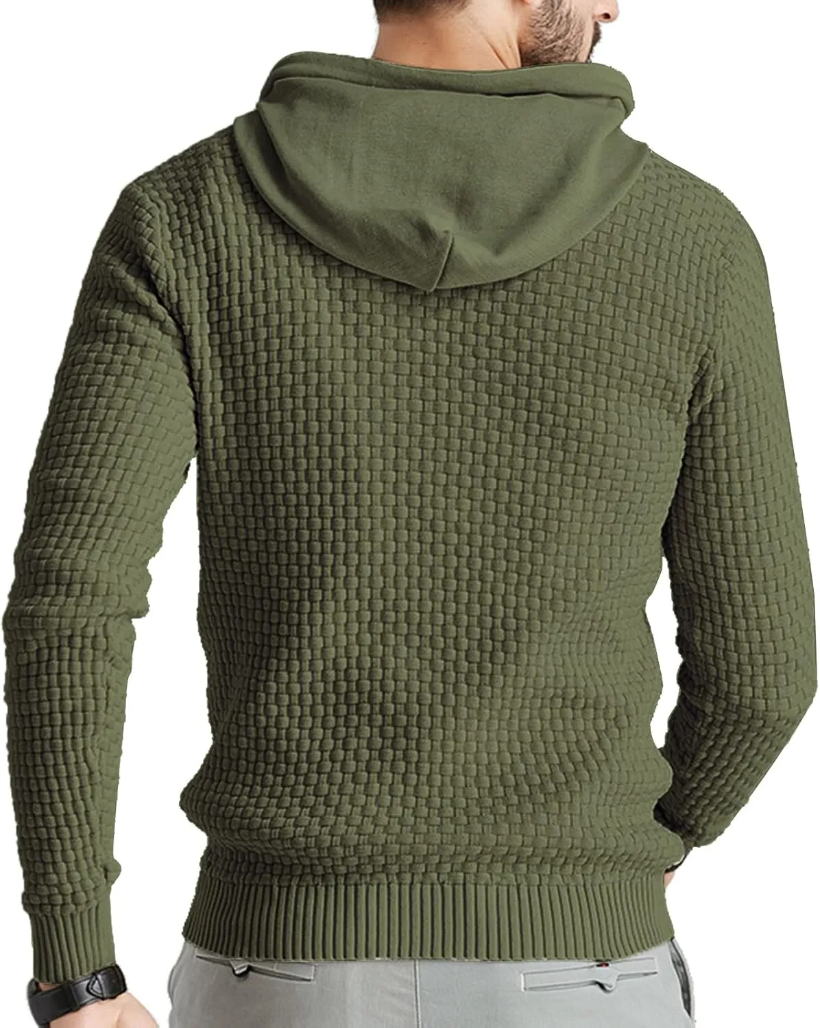 Zaitun Mens Hooded Sweatshirt Long Sleeve Solid Knitted Hoodie Pullover Sweater
