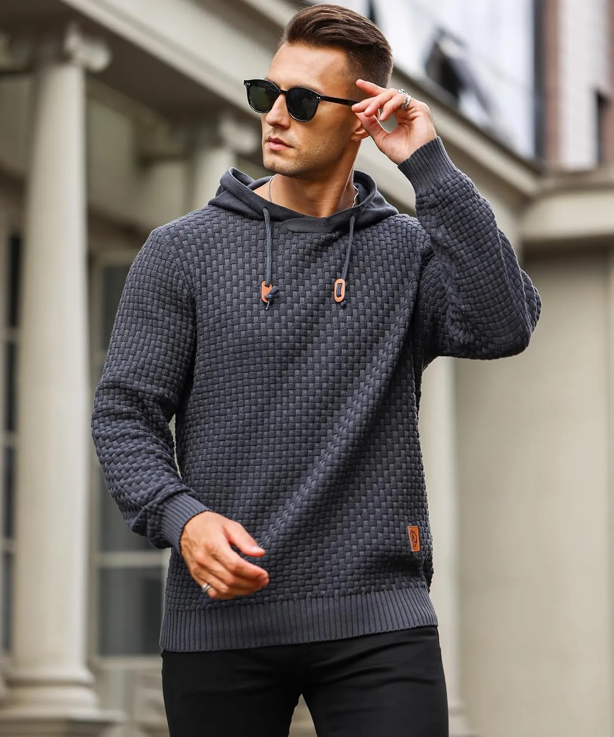 Zaitun Mens Hooded Sweatshirt Long Sleeve Solid Knitted Hoodie Pullover Sweater