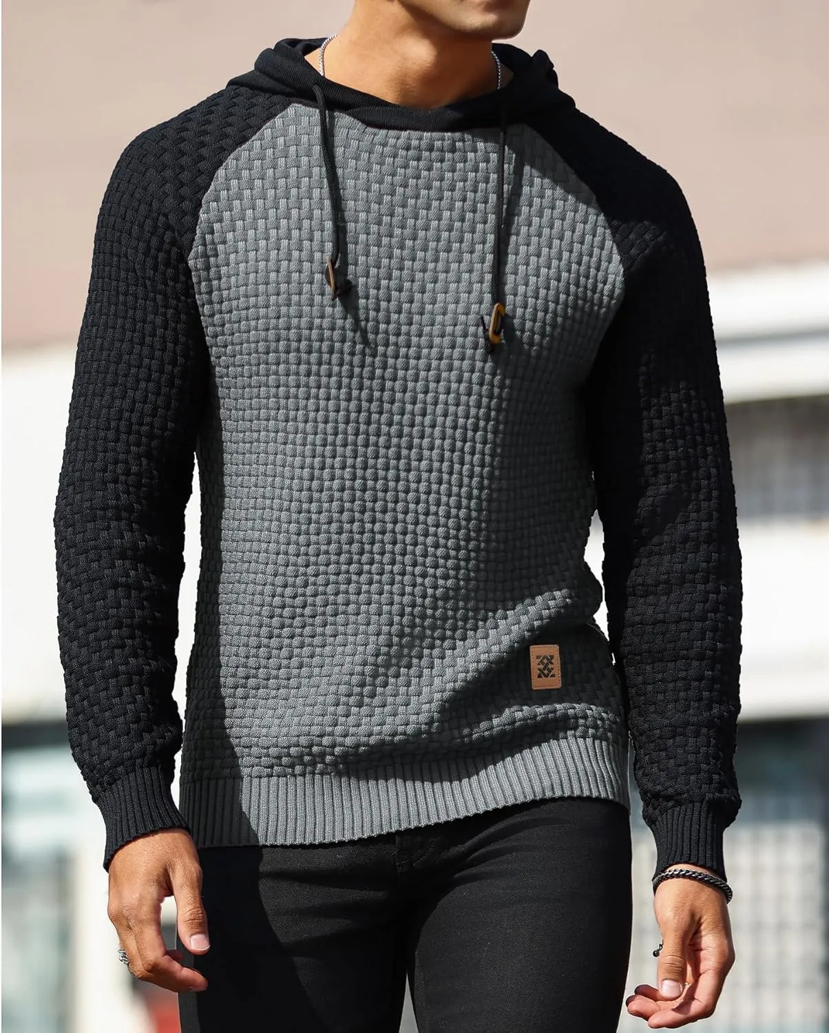 Zaitun Mens Hooded Sweatshirt Long Sleeve Solid Knitted Hoodie Pullover Sweater