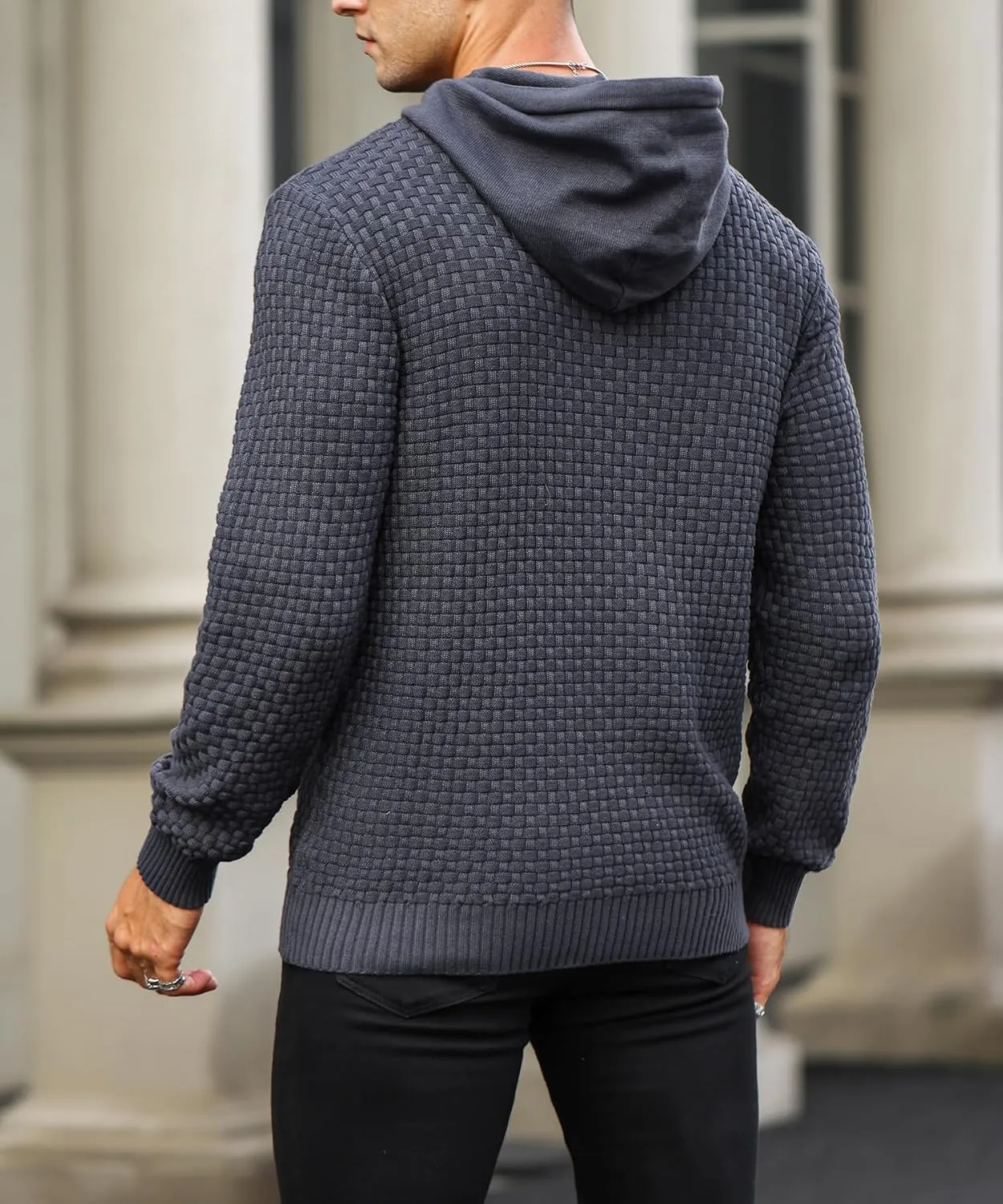 Zaitun Mens Hooded Sweatshirt Long Sleeve Solid Knitted Hoodie Pullover Sweater