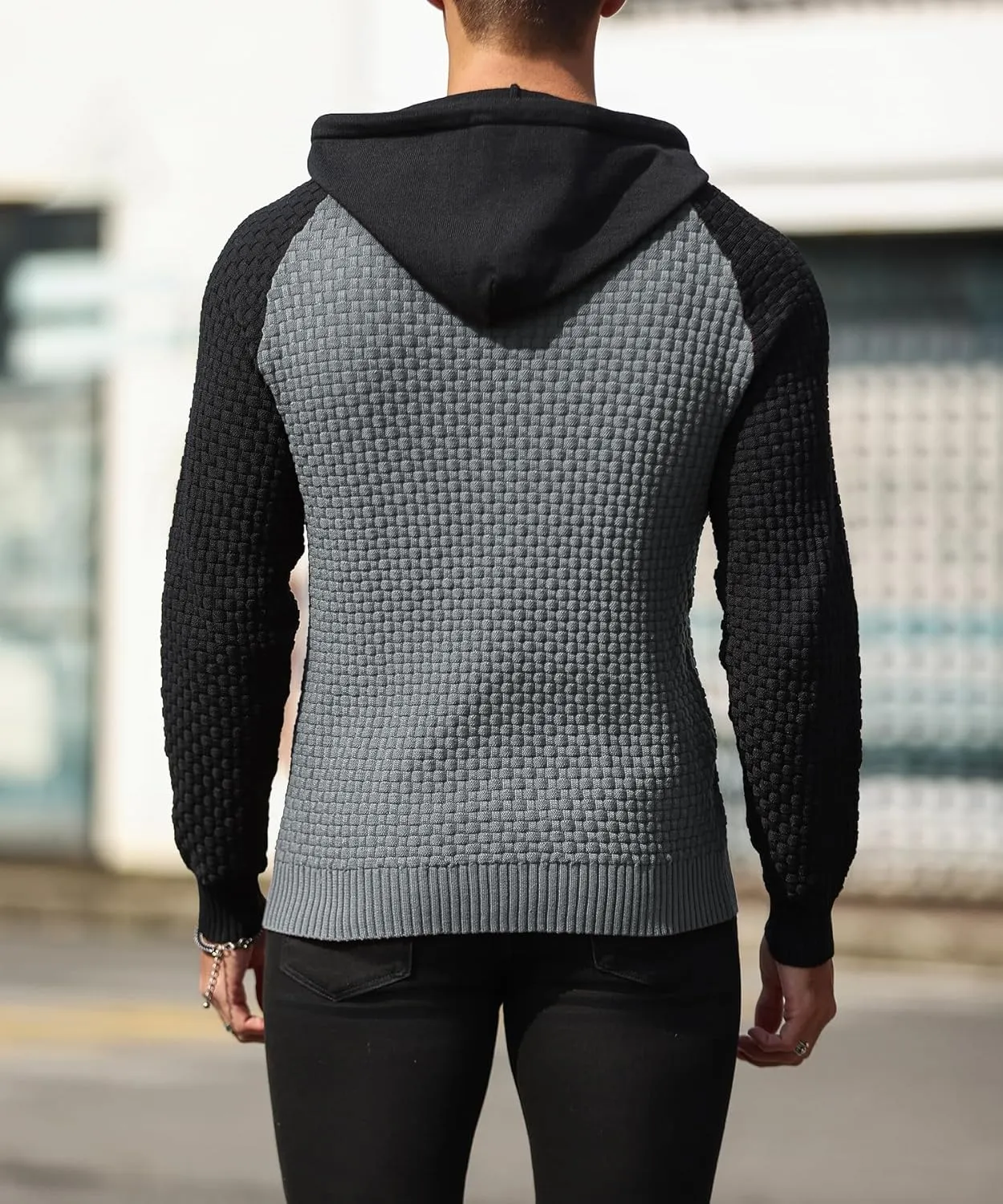Zaitun Mens Hooded Sweatshirt Long Sleeve Solid Knitted Hoodie Pullover Sweater