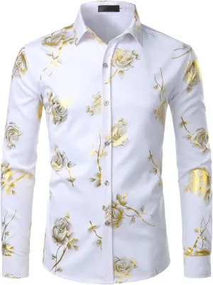 ZEROYAA Mens Hipster 3D Golden Rose Floral Printed Slim Fit Long Sleeve Button Down Dress Shirts
