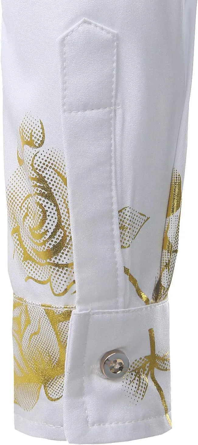 ZEROYAA Mens Hipster 3D Golden Rose Floral Printed Slim Fit Long Sleeve Button Down Dress Shirts