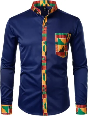 ZEROYAA Men's Hipster African Tribal Graphic Patchwork Design Slim Fit Long Sleeve Button up Mandarin Collar Shirts