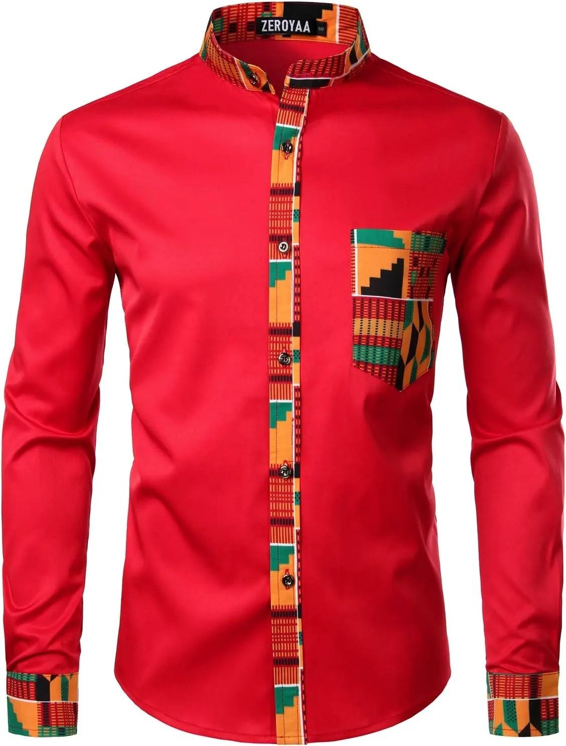 ZEROYAA Men's Hipster African Tribal Graphic Patchwork Design Slim Fit Long Sleeve Button up Mandarin Collar Shirts