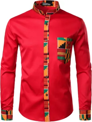 ZEROYAA Men's Hipster African Tribal Graphic Patchwork Design Slim Fit Long Sleeve Button up Mandarin Collar Shirts