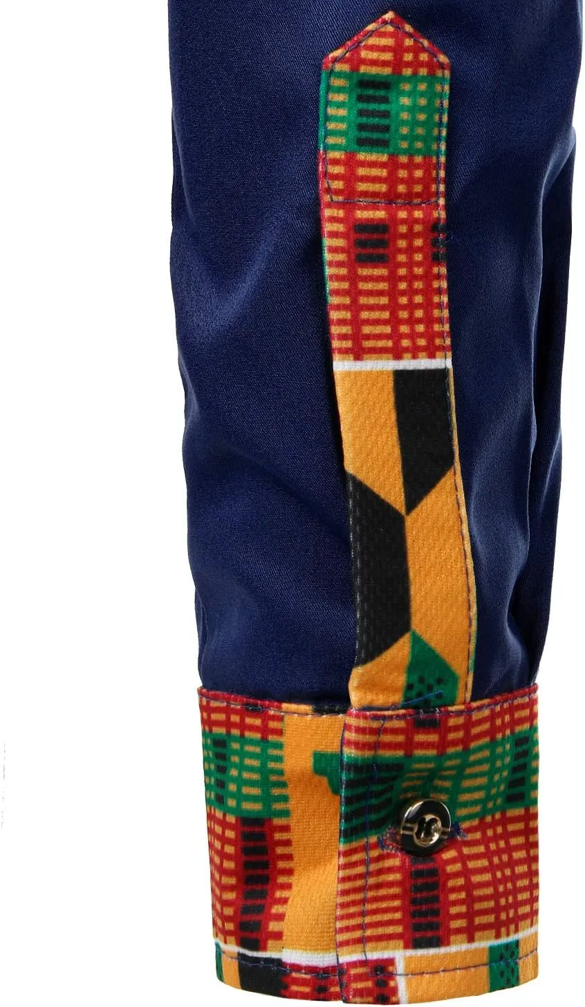 ZEROYAA Men's Hipster African Tribal Graphic Patchwork Design Slim Fit Long Sleeve Button up Mandarin Collar Shirts