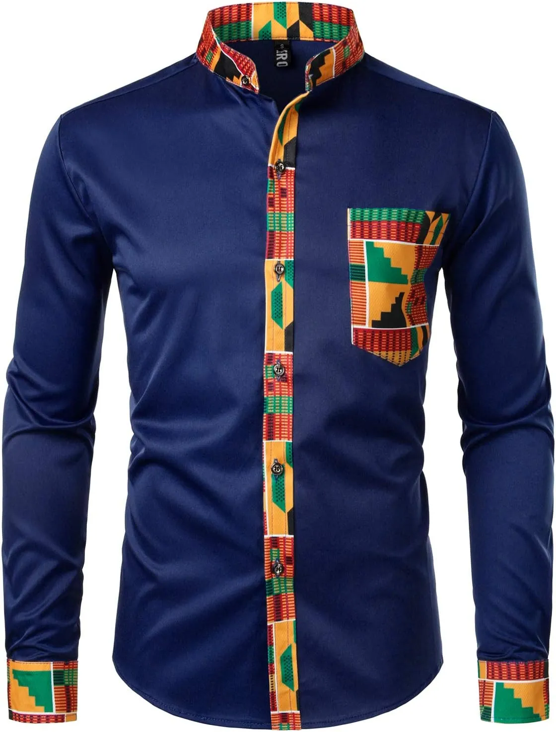 ZEROYAA Men's Hipster African Tribal Graphic Patchwork Design Slim Fit Long Sleeve Button up Mandarin Collar Shirts