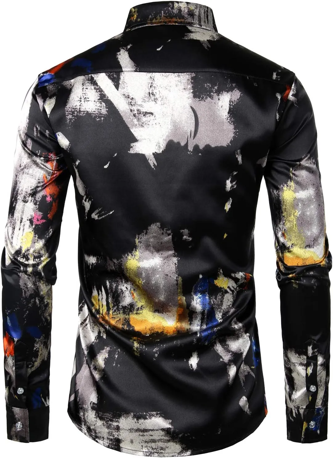 ZEROYAA Men's Hipster Fitted Silk Like Satin Dress Shirt Long Sleeve Button Down Printed Shirt for Party Prom