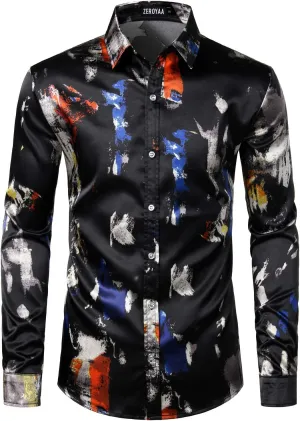 ZEROYAA Men's Hipster Fitted Silk Like Satin Dress Shirt Long Sleeve Button Down Printed Shirt for Party Prom