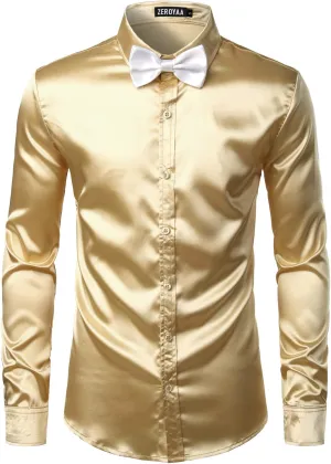 ZEROYAA Men's Luxury Shiny Silk Like Satin Button Up Dress Shirts