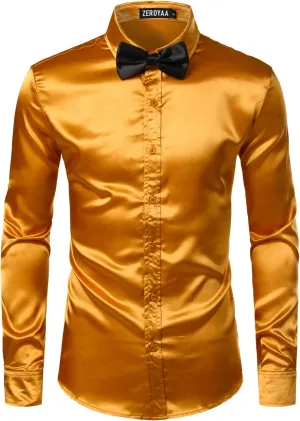 ZEROYAA Men's Luxury Shiny Silk Like Satin Button Up Dress Shirts