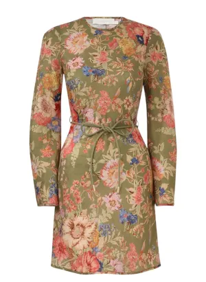 Zimmermann August Bias Mini Dress | Sage/Kahki Floral, Rope Belt, Long Sleeve
